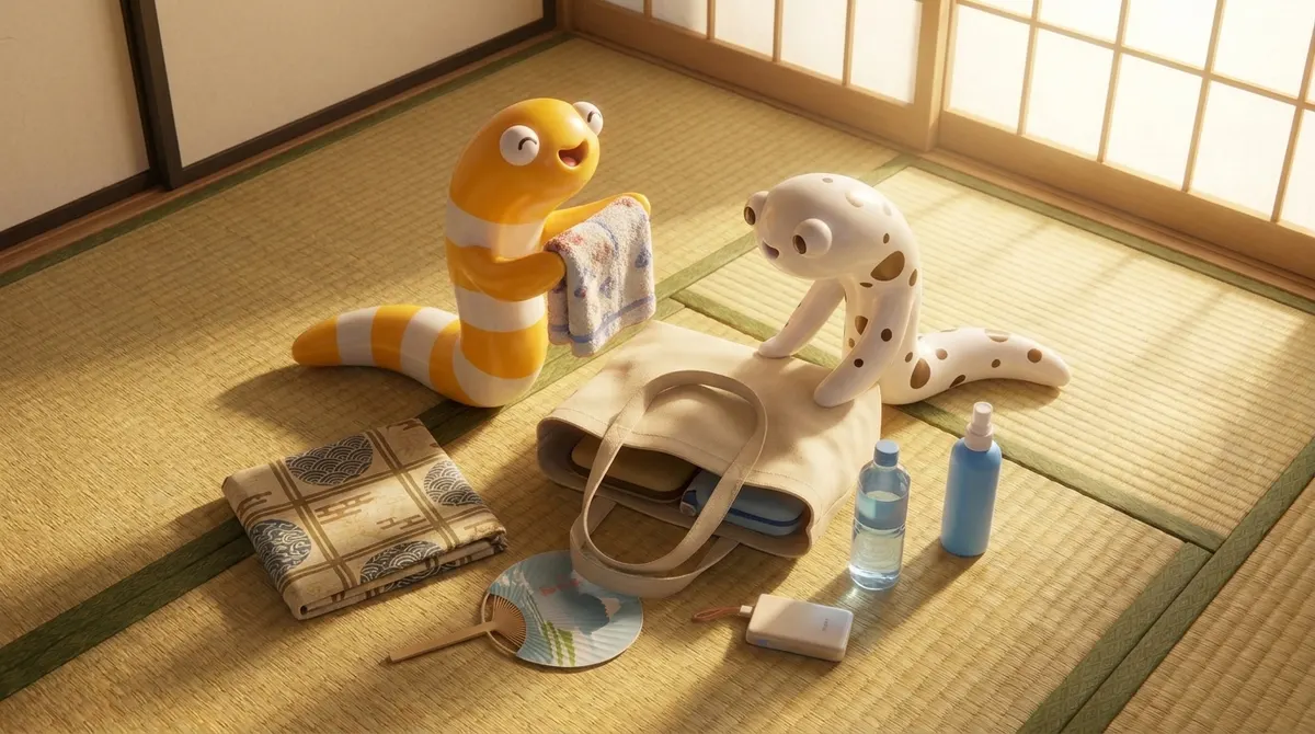畳の部屋で、レジャーシートやうちわ、水筒をトートバッグに詰める3Dのちんあなご2匹