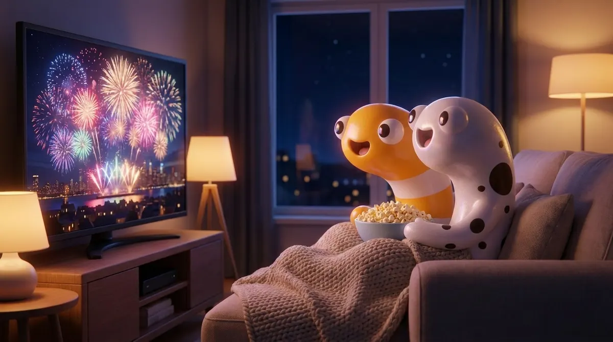 居間のソファで毛布にくるまり、テレビの花火ライブ中継を見る3Dのちんあなご2匹