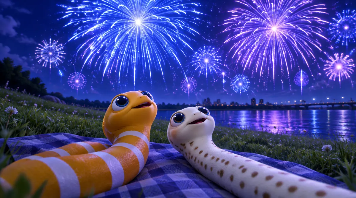夜の河原でレジャーシートに寝転び、真上に開く青と紫の花火を見上げる3Dのちんあなご2匹