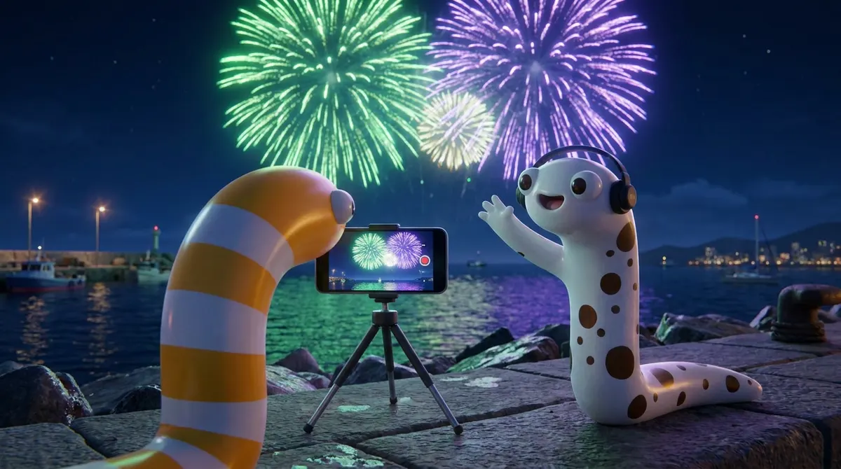 夜の防波堤で、三脚に付けたスマートフォンで花火をライブ配信する3Dのちんあなご2匹