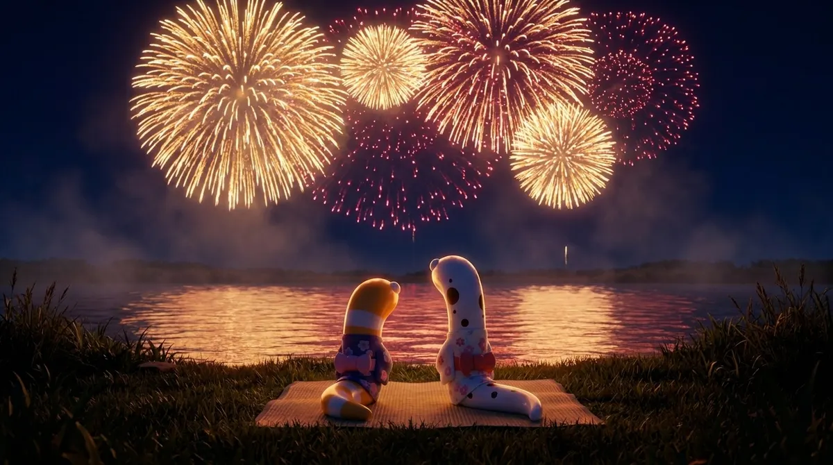 夜の川べりで浴衣を着て敷物に並んで座り、川の上に開く大きな花火を見上げる3Dのちんあなご2匹